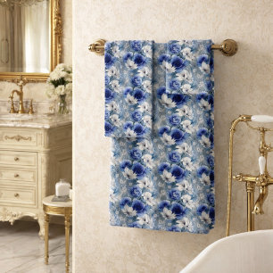 Elegant Blue and White Roses and Lilies Bath Towel Set
