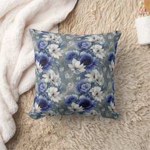 Elegant Blue and White Roses and Lilies Cushion