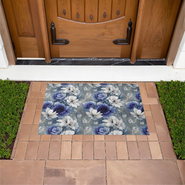 Elegant Blue and White Roses and Lilies  Doormat (Outdoor)