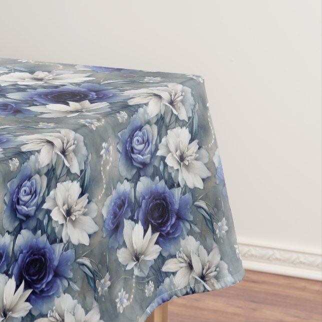 Elegant Blue and White Roses and Lilies  Tablecloth (In Situ)