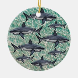 Elegant blue and white sharks fish Personalised Ceramic Tree Decoration