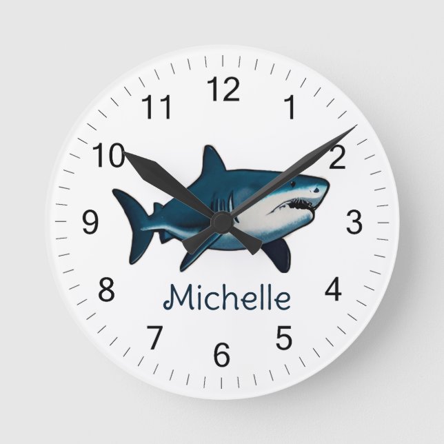Elegant blue and white sharks fish Personalised    Round Clock (Front)