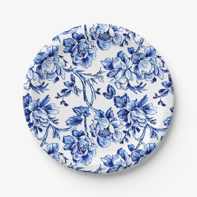 Elegant Blue and White Toile Floral Paper Plate (Front)