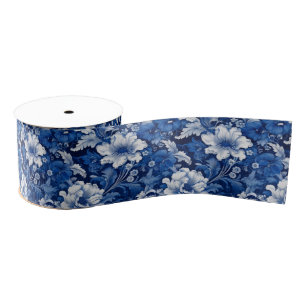 Elegant Blue and White Vintage Floral Grosgrain Ribbon