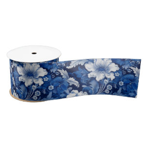 Elegant Blue and White Vintage Floral Satin Ribbon