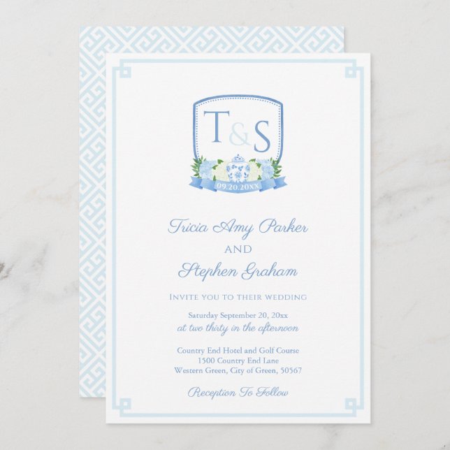 Elegant Blue And White Watercolor Crest Wedding Invitation (Front/Back)