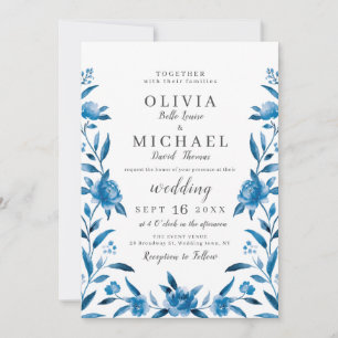 Elegant blue and white watercolor floral wedding invitation
