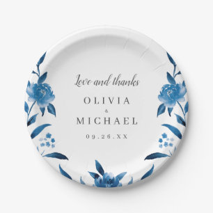 Elegant blue and white watercolor floral Wedding Paper Plate