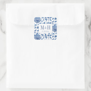 Elegant Blue And White Wedding Monogram Favour Square Sticker