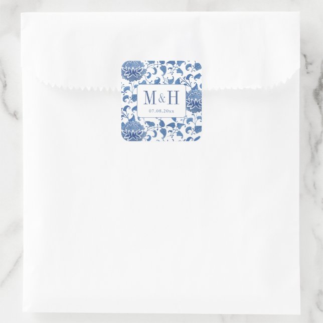 Elegant Blue And White Wedding Monogram Favour Square Sticker (Bag)