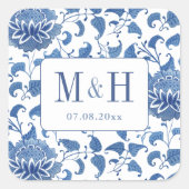 Elegant Blue And White Wedding Monogram Favour Square Sticker (Front)