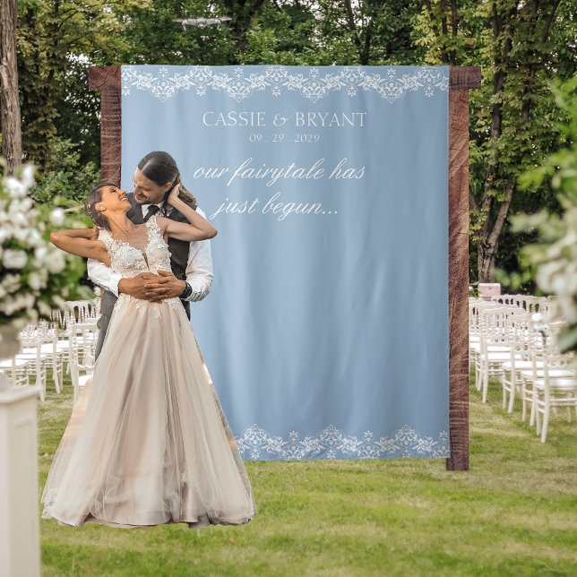 Elegant Blue and White Wedding Photo Backdrop Tapestry (elegant coastal chic classic simple blue and white wedding tapestry photo backdrop with saying names)