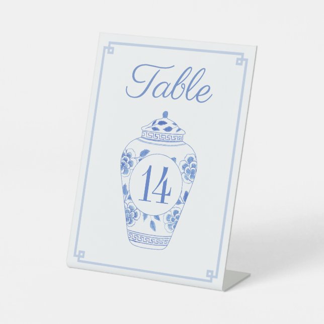 Elegant Blue And White Wedding Table Number Pedestal Sign (Front)