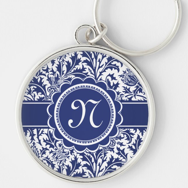 Elegant Blue and White William Morris Floral Key Ring (Front)