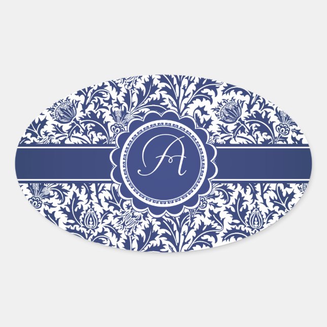 Elegant Blue and White William Morris Floral Oval Sticker (Front)