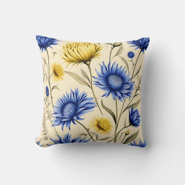 Elegant Blue and Yellow Floral Cushion (Front)
