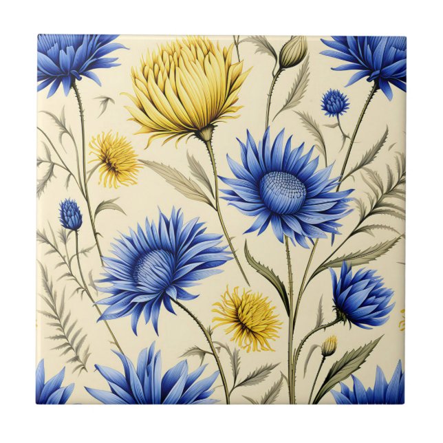 Elegant Blue and Yellow Floral Tile (Front)