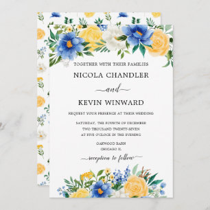 Elegant Blue and Yellow Floral Wedding Invitation