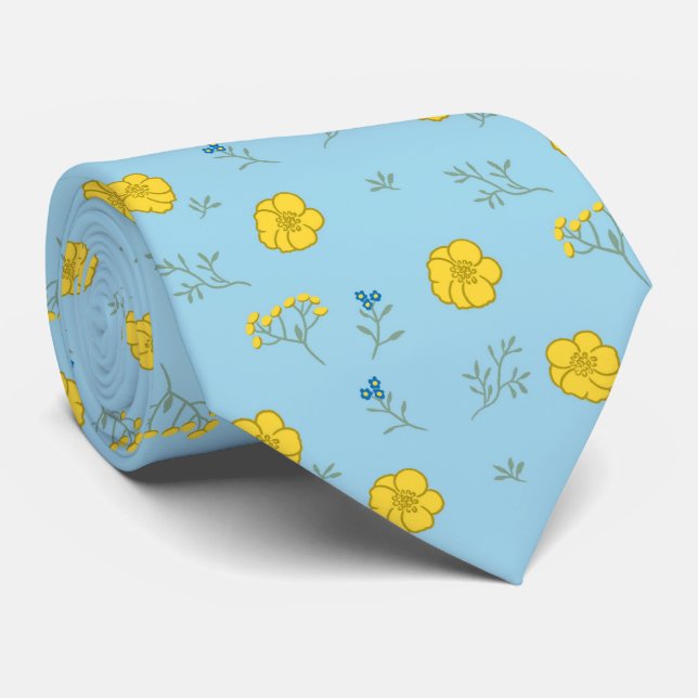 Elegant Blue And Yellow Spring Flowers   Tie (Rolled)