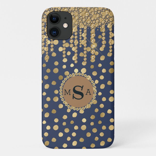 Elegant Blue Animal Print Monogram Bling Jewels Case-Mate iPhone Case (Back)