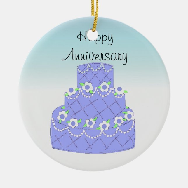 Elegant Blue Anniversary Cake Ceramic Tree Decoration (Front)