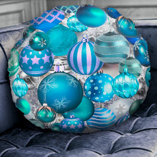 Elegant blue aqua Christmas ornaments holidays Round Cushion