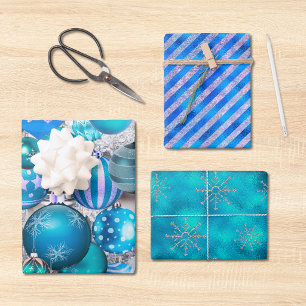 Elegant blue aqua Christmas ornaments holidays Wrapping Paper Sheet
