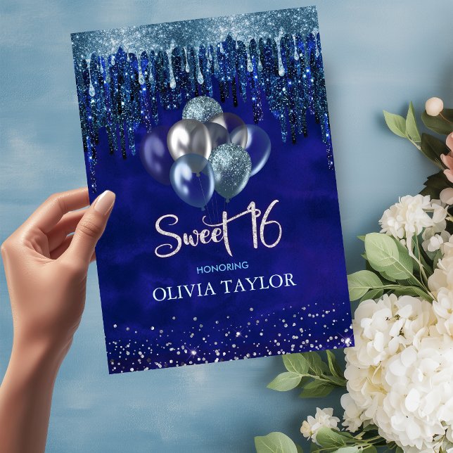 Elegant blue aqua drips glitter balloons sweet 16 invitation (Creator Uploaded)