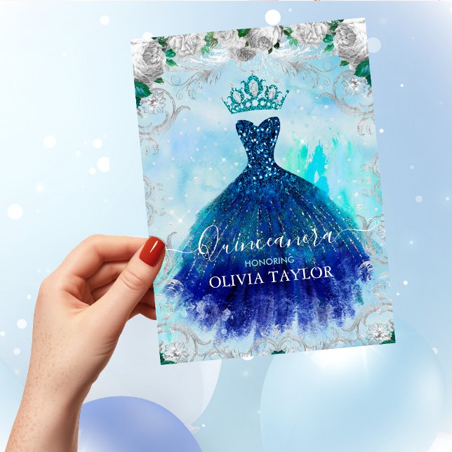 Elegant blue aqua floral glitter gown Quinceanera  Invitation (Creator Uploaded)