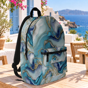 Elegant blue aqua marble art faux glitter  printed backpack