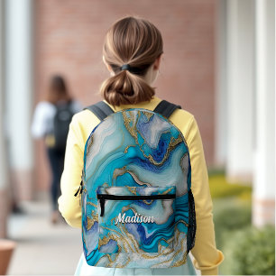 Elegant blue aqua marble art faux glitter printed backpack