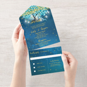 Elegant Blue Aqua Teal Heart Leaf Tree Wedding  Al All In One Invitation