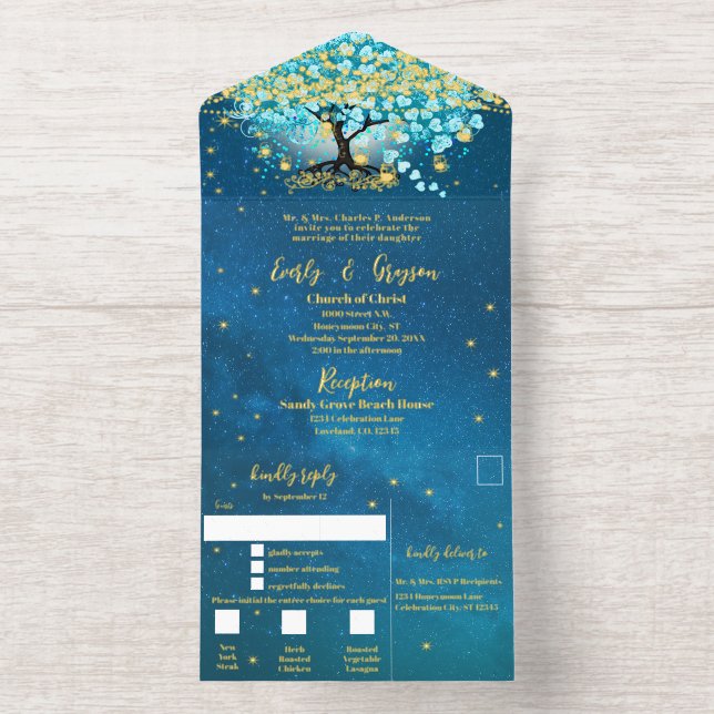 Elegant Blue Aqua Teal Heart Leaf Tree Wedding  All In One Invitation (Inside)