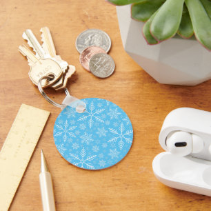 Elegant Blue Aqua White Winter Snowflake Key Ring