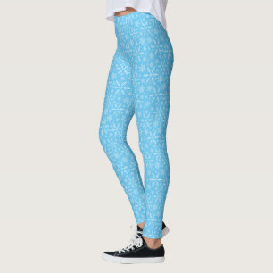 Elegant Blue Aqua White Winter Snowflake Leggings