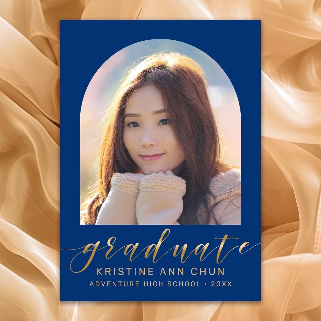 Elegant Blue Arch Gold Script Photo Graduation Announcement (Blue with Gold Script Photo Graduation Announcement)