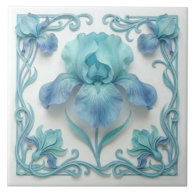 Elegant Blue Art Deco Stylized Lilies Tile (Front)