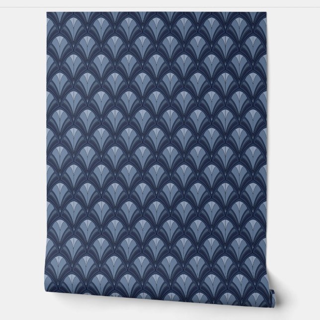 Elegant Blue Art Deco Vintage Pattern Wallpaper (Unrolling)