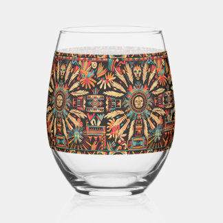Elegant Blue "Aztec Dream" Stemless Wine Glass
