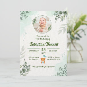 Elegant Blue Baby Boy First Birthday Custom Photo  Invitation