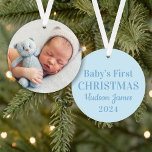 Elegant Blue Baby Boy First Christmas Photo Ornament<br><div class="desc">Baby's First Christmas holiday ornament design features a baby blue background with dusty blue "Baby's First Christmas" wording,  custom text that can be personalised with the baby boy's name and birth year. Include a favourite baby photo on the reverse side. Colours can be modified.</div>