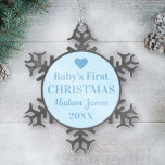 Elegant Blue Baby Boy First Christmas Snowflake Pewter Christmas Ornament<br><div class="desc">Baby's First Christmas holiday ornament design features a baby blue background with dusty blue "Baby's First Christmas" wording,  custom text that can be personalized with the baby boy's name and birth year. Colors can be modified.</div>