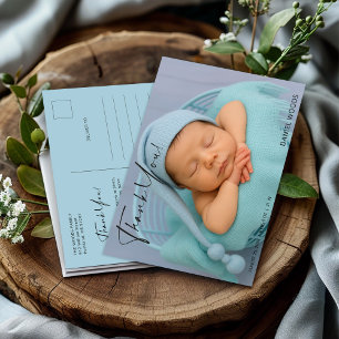 Elegant Blue Baby Photo Thank You Postcard