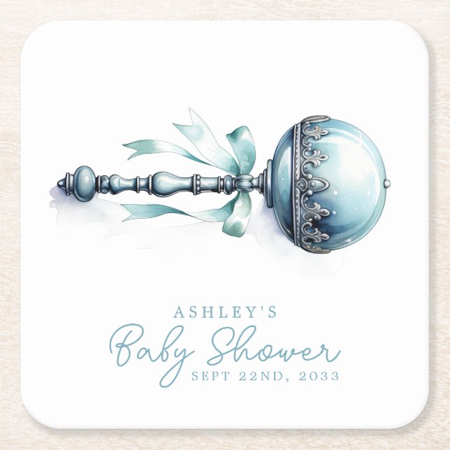 Elegant Blue Baby Rattle Boy Baby Shower Square Paper Coaster (Front)