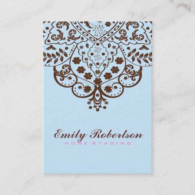 Elegant Blue Bacground  Brown Vintage Lace Business Card (Front)