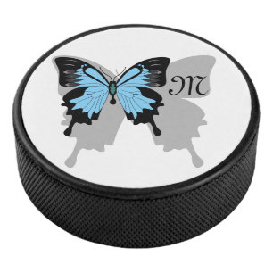 Elegant Blue Backed Butterfly Shadow Monogram Hockey Puck