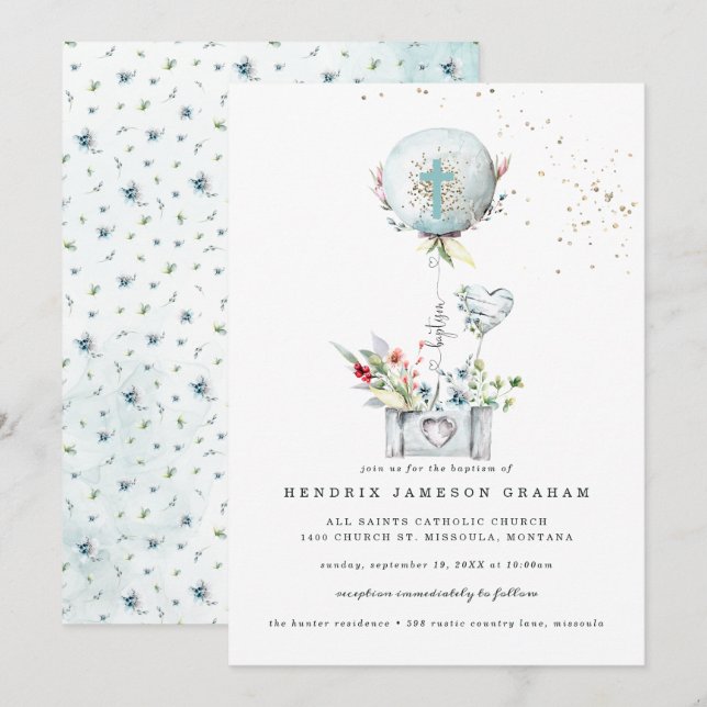 Elegant Blue Balloon Baptism Invitation (Front/Back)