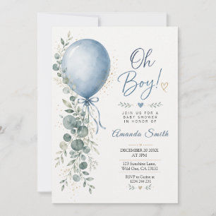 Elegant Blue Balloon Eucalyptus Boy Baby Shower Invitation