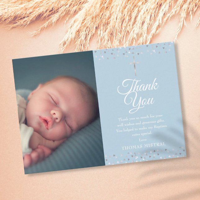 Elegant Blue Baptism Christening Hearts Photo Thank You Card (Creator Uploaded)