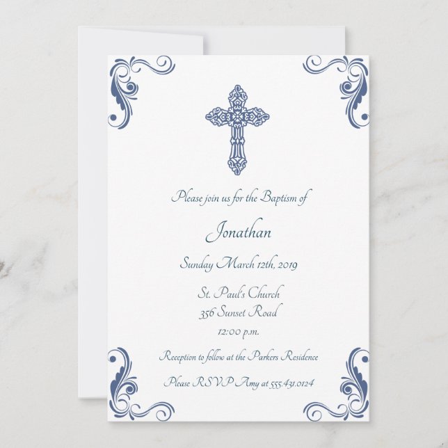 Elegant Blue Baptism/Christening Invitation (Front)